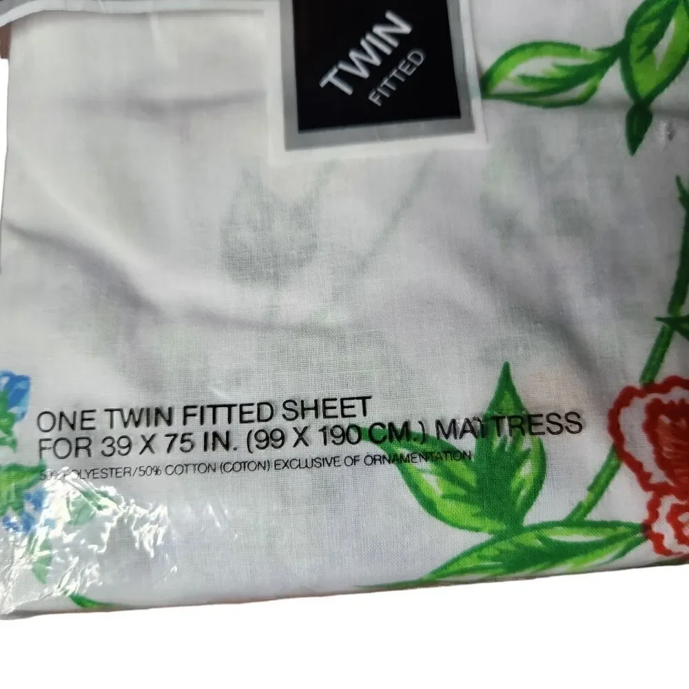 Vintage Lady Pepperell Twin Fitted Bed Sheet White Floral No Iron Muslin NEW